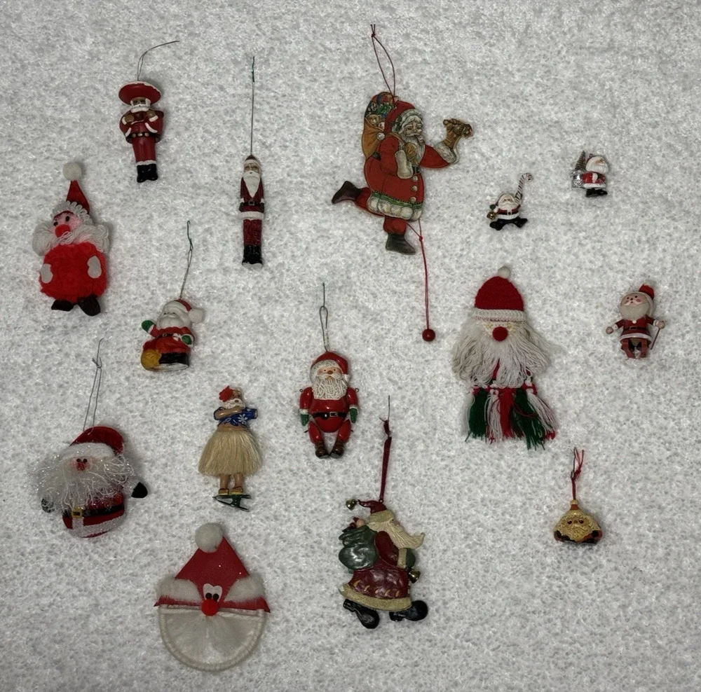15 Santa Christmas Ornaments Crochet Macrame Bells, Clips, Vintage Handmade